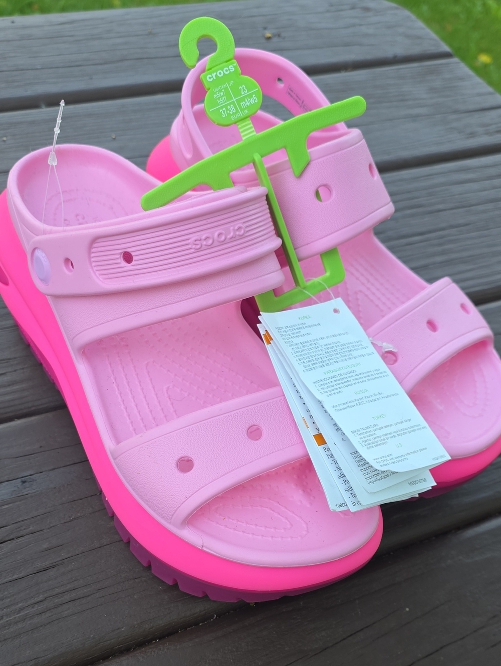 CROCS Bright Pink Dual-Tone Platform Sandals, Size 7